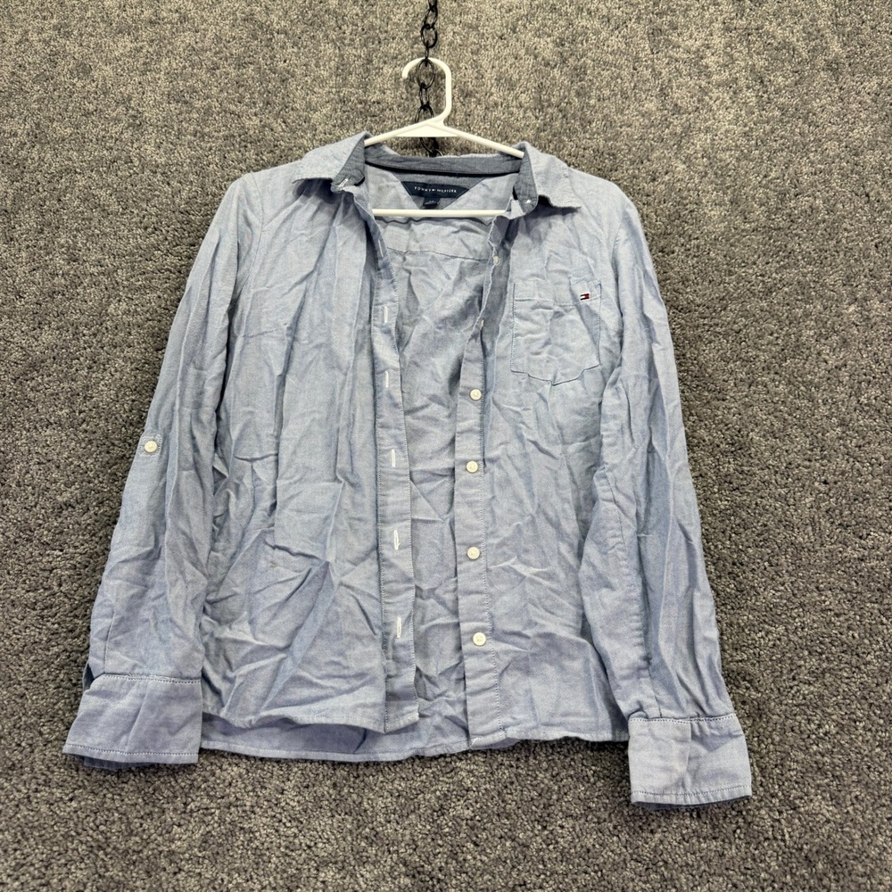 Tommy Hilfiger Button Down Shirt Womens Small Blue Long Sleeve Roll Tab Oxford